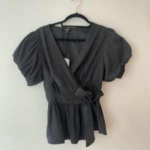 Black Puff Sleeve Wrap Top